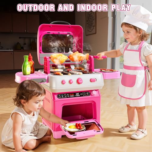 Image of Kids BBQ Grill Playset Toy, 2-Layer Play Kitchen Toddlers Toys with Oven and Smoke, Cooking Toys for Kids Ages 4-8, Light and Sound, Barbecue Outdoor Grill Play Gift Toy for Toddler Girls 3-5