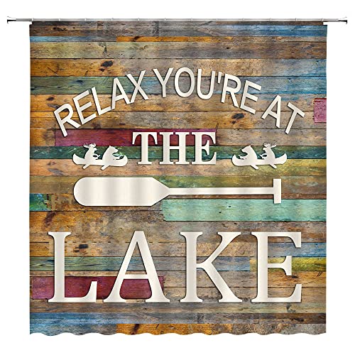 Rustic Lake Cabin Shower Curtain Relax Inspirational Quotes Motivation Words Vintage Wooden Board Barn Door Plank Farmhouse Country Lodge Camping Decor Fabric Bath Curtain with Hook