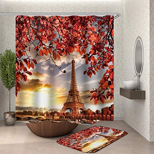 Asffdhley Toilettensitzbezug Mat Set 3D-Baum und Turm Abenddämmerung Printed Badezimmer-wasserdicht Duschvorhang Anti… – Bild 4