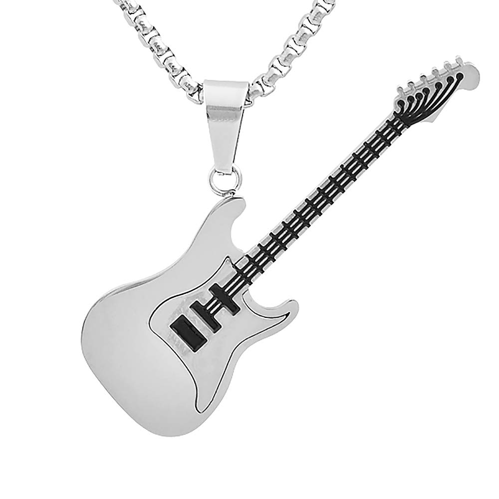 Men's Stainless Steel Rock Electric Guitar Bass Pendant Necklace with 24" 3mm Rolo Chain