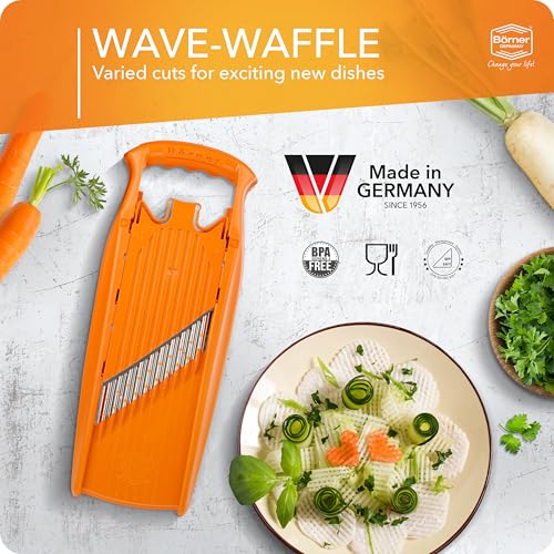 Image of Borner PowerLine Wave Waffle Cutter + Fruit Holder (Set of 2) Vegetable Cutter for Wave & Waffle Cut Slicer for Grid Potatoes & Fries Wave Slicer Colour: Orange