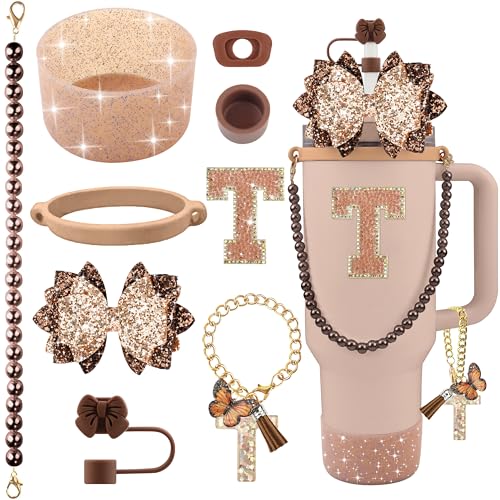 Hpebl 9PCS Brown for Stanley Cup Accessories Set Bling Initials Bow Charms for Stanley Decorations 30/40 Oz Tumbler Accessories Including Bow Straw Topper, Handle Strap, Spill Stopper（Letter T）