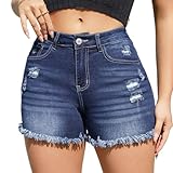 Women High Waisted Skinny Stretchy Denim Shorts Casual Summer Frayed Raw Hem Distressed Ripped Short Jeans