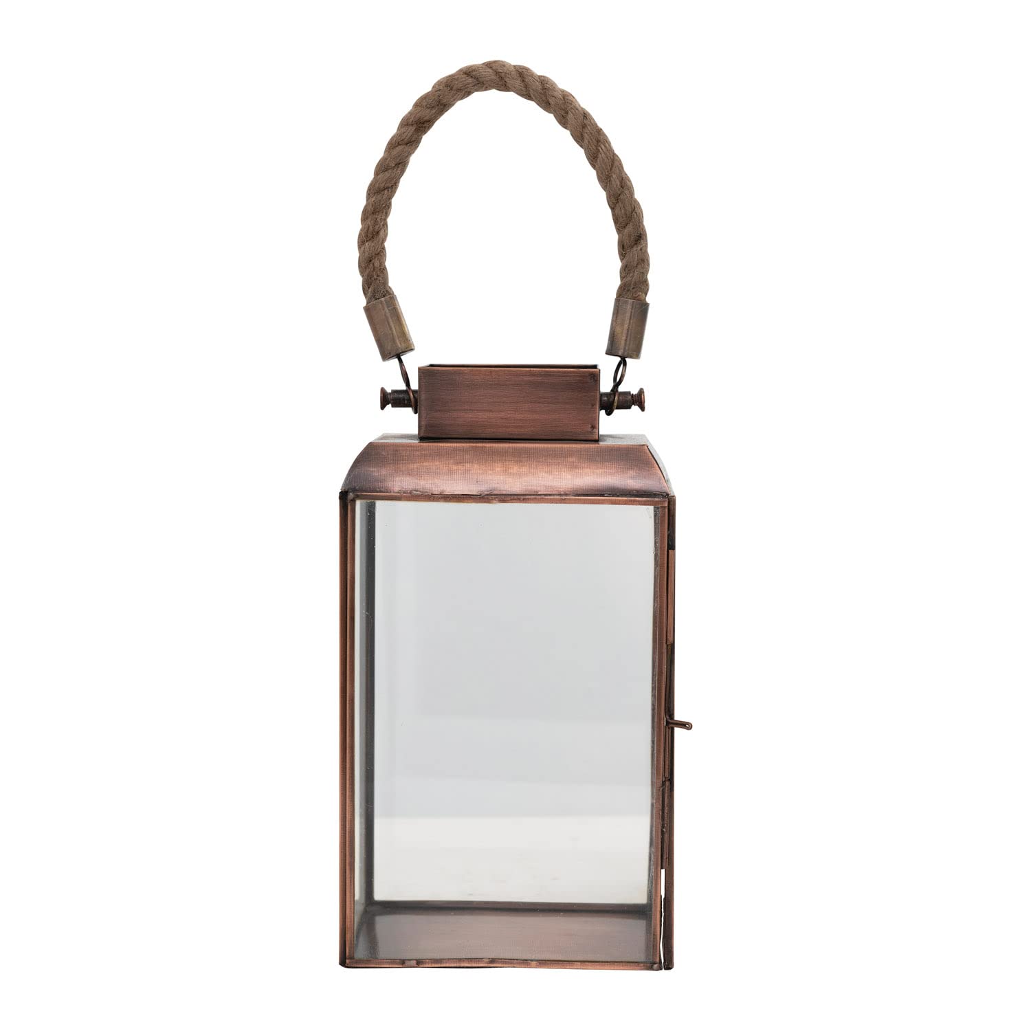 Creative Co-Op Metal and Glass Lantern with Rope Handle, Antique Copper Finish