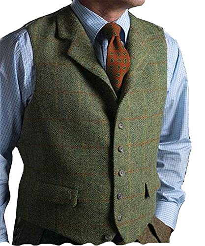 Tuikayoo Mens Retro Suit Vest Plaid Casual Notch Lapel Wool Waistcoat Tweed Herringbone Groomsmen