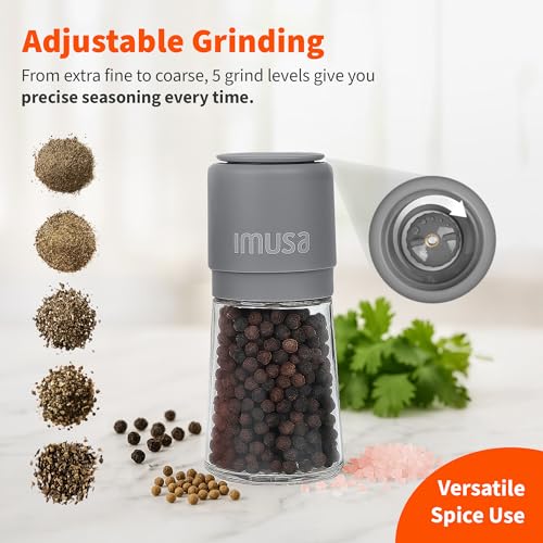 Image of IMUSA Salt and Pepper Grinder Set, 2-Pack, Manual | Adjustable ceramic core for fine-to-coarse grinding, ergonomic grip, glass base resists stains, 6oz means fewer refills