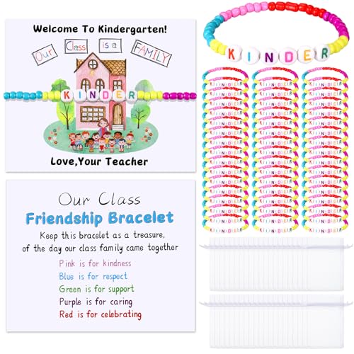 XunYee 48 Sets Back to School Gifts for Student Include Our Class Is a Family Greeting Card and First Day of School Bracelet with Bags Letter Bracelet for 1st Day of Classroom (Kindergarten)