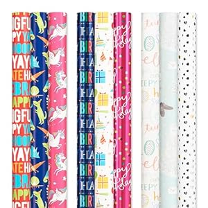 American Greetings Reversible Birthday, Baby, Wedding, and All Occasion Wrapping Paper, Unicorns and Dinosaurs (9 Rolls, 225 sq. ft.)