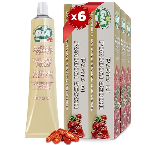 GIA Pasta di Pomodori Secchi, 6 Tubetti da 80g – Ideale per l'Aperitivo, per Insaporire Antipasti, Insalate e tante Ricette, Senza Glutine, Confezione Riciclabile e Anti-Spreco