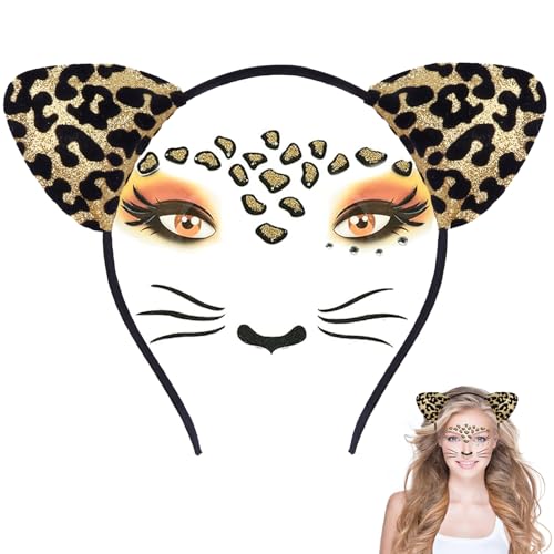XIABYAYU Leopard Kostüm Set, Leopard Stirnband, Leoparden Ohren Haarreif mit Leopard Aufkleber, Leopard Kostüm Zubehör für Karneval, Fastnacht, Rollenspiele
