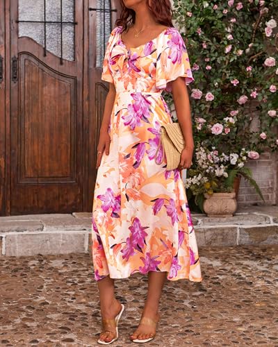 Image of Fashionme Womens Dresses 2026 Maxi Dresses Deep V Neck Elegant Bow Tie Front Cap Sleeve Summer Floral Satin Smocked Dress