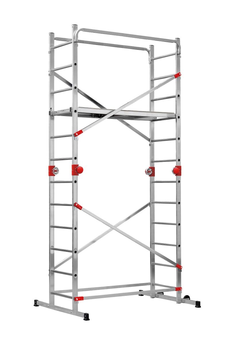 Hailo G60 aluminiowe rusztowanie wielofunkcyjne – 2 x 12 szczebli obciążalność do 150 kg/m2 – platforma z lukiem przelotowym – ruchome aluminiowe rusztowanie – do zastosowania jako drabina przystawna,