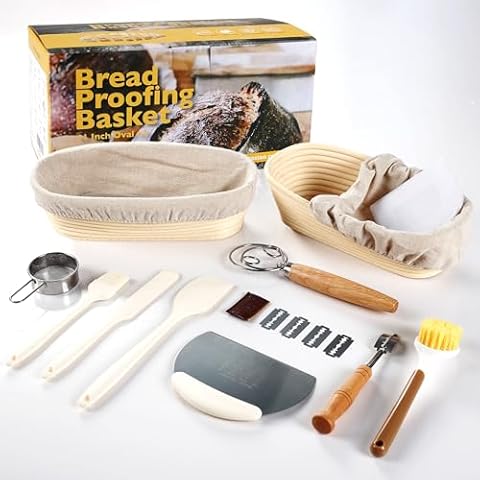 NCUE Bread Proofing Basket Set, 11'' Oval & 11'' Oval Banneton Sourdough Proofing Basket with Linen Liner, Danish, Whisk, Spatula, Scraper, Lame, Flour Fuster (Oval & Oval) Cover