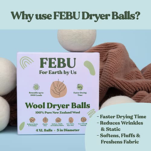 Febu Wool Dryer Balls, 4-Pack, Xl | 100% New Zealand Wool | Natural, Reusable Fabric Softener | Alternative To Dryer Sheets | Reduces Wrinkles, Shortens Drying Time, Zero Waste #TOP1