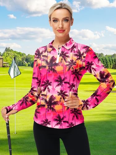AOBUTE Women's Long Sleeve Golf Shirts Zip Polo Tennis Top with Thumb Hole4
