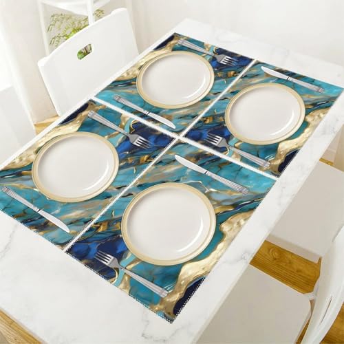 Sets de table bleu sarcelle effet feuille d'or pour repas de famille - 6