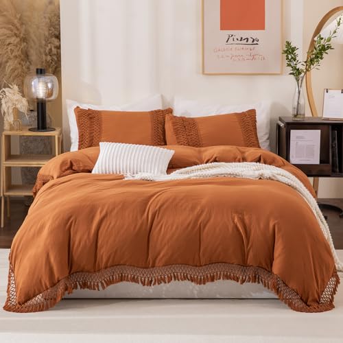 Boho Chic Bedding Set Farmhouse Western Comforter Shabby Chic Tassel Fringe Boho Bedroom Set Rust Burnt Orange Bedding Comforters & Sets(Twin, Caramel)