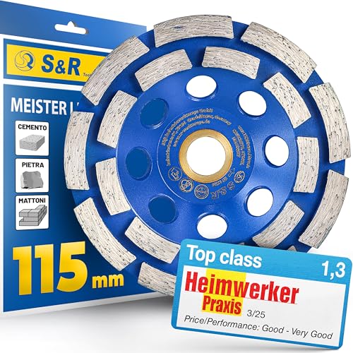 S&R Mola a Tazza Diamantata 115 mm Disco Abrasivo Diamantato 115mm Levigatura Cemento Calcestruzzo Pietra Muratura Mattoni. Mola per smerigliatrici frollini e flex 115mm con anello di riduzione