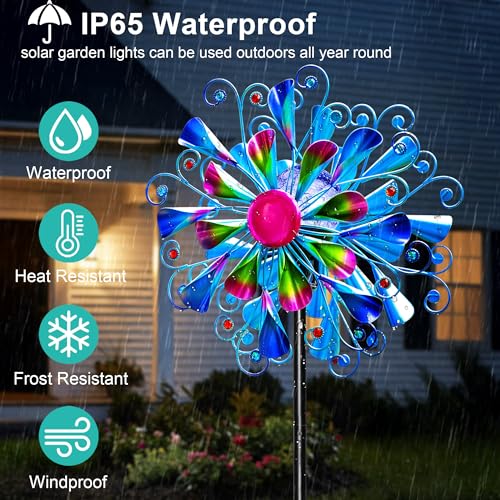 Image of Solar Wind Spinner Outdoor Metal - Peacock Kinetic Garden Sculptures with Color-Changing LED Lights, Waterproof Wind Catchers Yard Art Decor for Patio Lawn, for Women