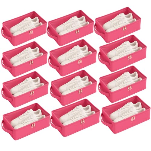 Image of Under Bed Shoe Storage Organizer Box with Clear Plastic Zippered Cover | Large Durable Rexine Travel Shoe Bag for Men & Women | Pack of 12 | Shoes,Slippers & Sports Footwear Storage (Pink)