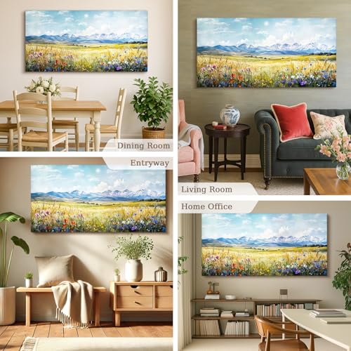 SERIMINO Outdoor Landscape Large Wall Art, Nature Country Scenic Canvas Art Prints, Meadow Wildflowers Big Artwork for Walls, Mountain Cloud Sunlit Pictures for Living Room Dining Room 30"X60"