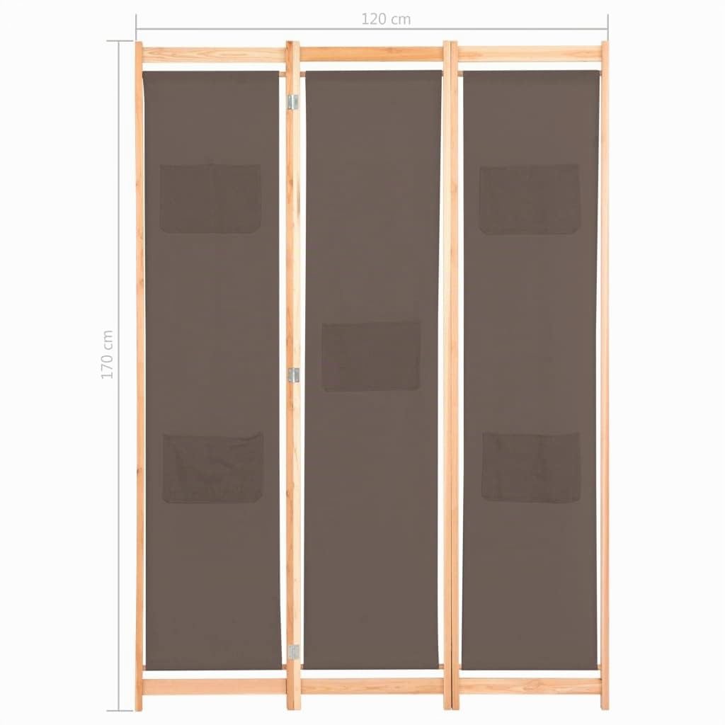 vidaXL Divisorio a 3 Pannelli con Tasche Autoportante Paravento Separé Privacy Stanza Marrone 120x170x4 cm in Tessuto e Massello Abete