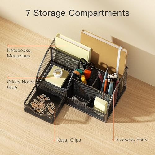 Image of Homaxa Desk Organizer 7 Compartment Metal Mesh Stationary Holder For Pencil Pen & Other Office Home School Accessories (Black)