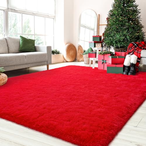 HOMORE Red Rug 6x9 Fluffy Area Rugs Modern Shag Rug for Bedroom, Large Living Room Rug for Girls, Non Slip Rugs for Kids Playroom Classroom, Cute Rugs and Carpets for Chidren Nursery Home Dorm Decor