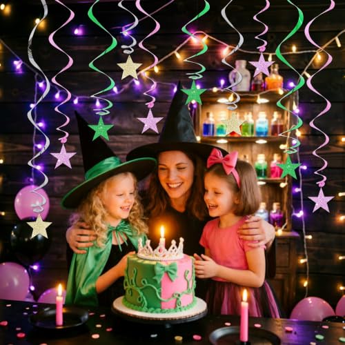 Image of BEISHIDA Green Pink Glitter Stars Hanging Swirls Pre-Strung Hanging Ornament Decorations for Baby Shower Wedding Witch Theme Birthday Party Decorations,Pack of 15