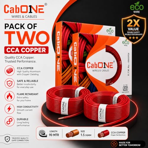 Image of CabONE 1.5 SQ.MM FR PVC Insulated Copper Electrical Wire, 90 Meter (Red, Pack of 2) | ISI Marked Fire Retardant Single Core Cable for Home Wiring