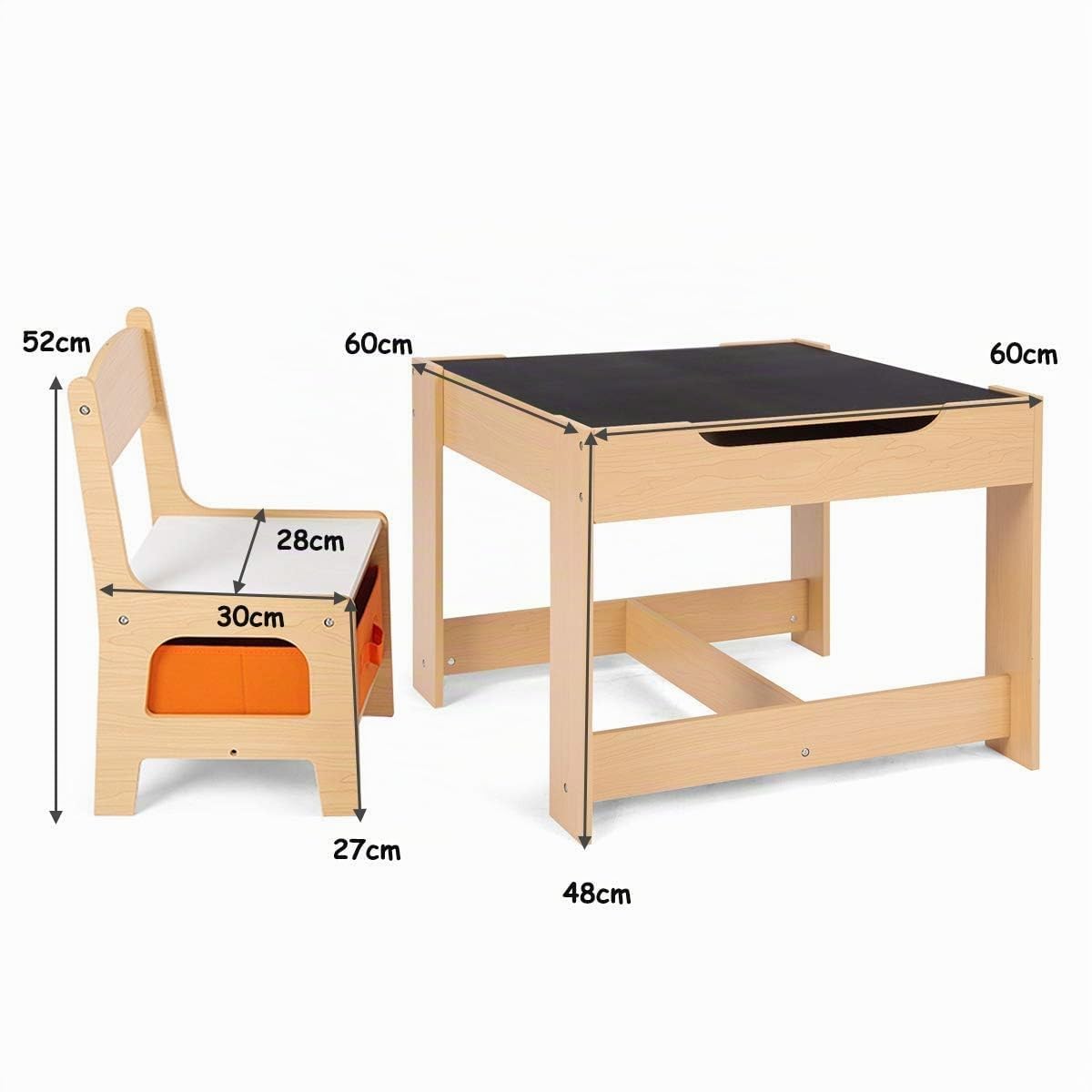 RELAX4LIFE 3 en 1 Juego de Mesa y Silla Infantil con Pizarra y Pizarra Blanca, Mesa Infantil con Sillas y 2 Cajas de Almacenamiento, Mesa Infantil Reversible para Guardería, Sala de Juegos (Naranja)