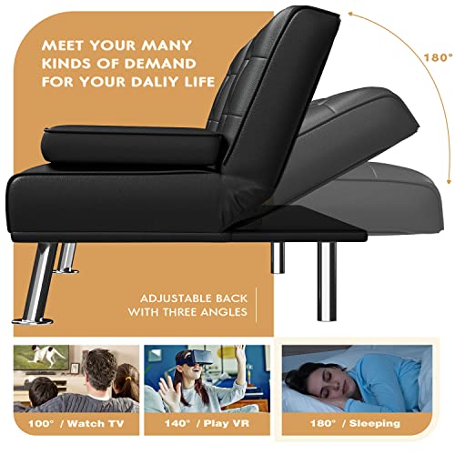 Yeshomy Futon Sofa Bed Modern Faux Leather Convertible Folding Lounge Couch For Living Room With 2 Cup Holders, Removable Soft Armrest And Sturdy Metal Leg, Black #TOP5