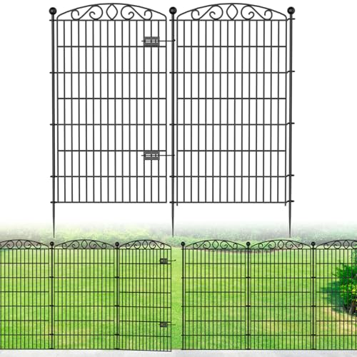 5 Panel No Dig Decorative Garden Fence with Gate - 48in H x 11.2ft L, Tall Animal Barrier for Dogs Rabbits, Rustproof Metal Wire Panels for Yard, Patio, and Outdoor Border Use