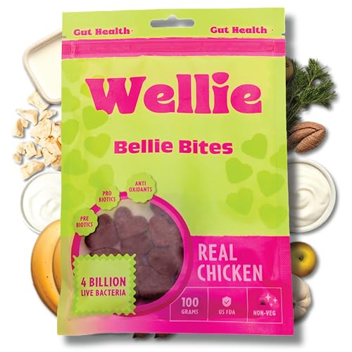 Image of Wellie Bellie Bites Probiotic Dog Treats | Real Chicken Flavor | Prebiotics & Probiotics for Gut Health & Immune Support | 4 Billion CFU | Helps Reduce Gas, Bloating & Bad Breath | 100g (Pack of 1)