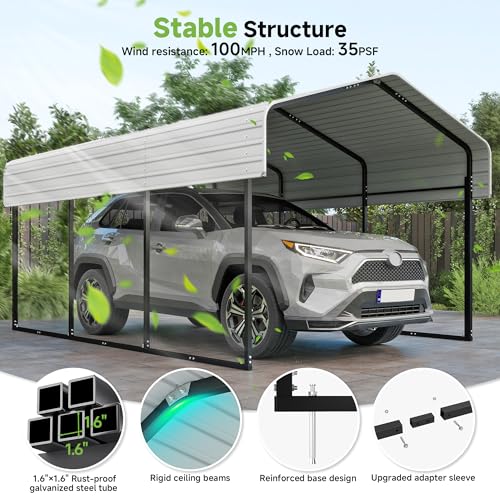 Image of Real Relax 10x15FT Heavy Duty Carport, Metal Car Port Multi-Use Outdoor Storage Cars, Boats, Trucks, Galvanized Metal Roof, Cream White