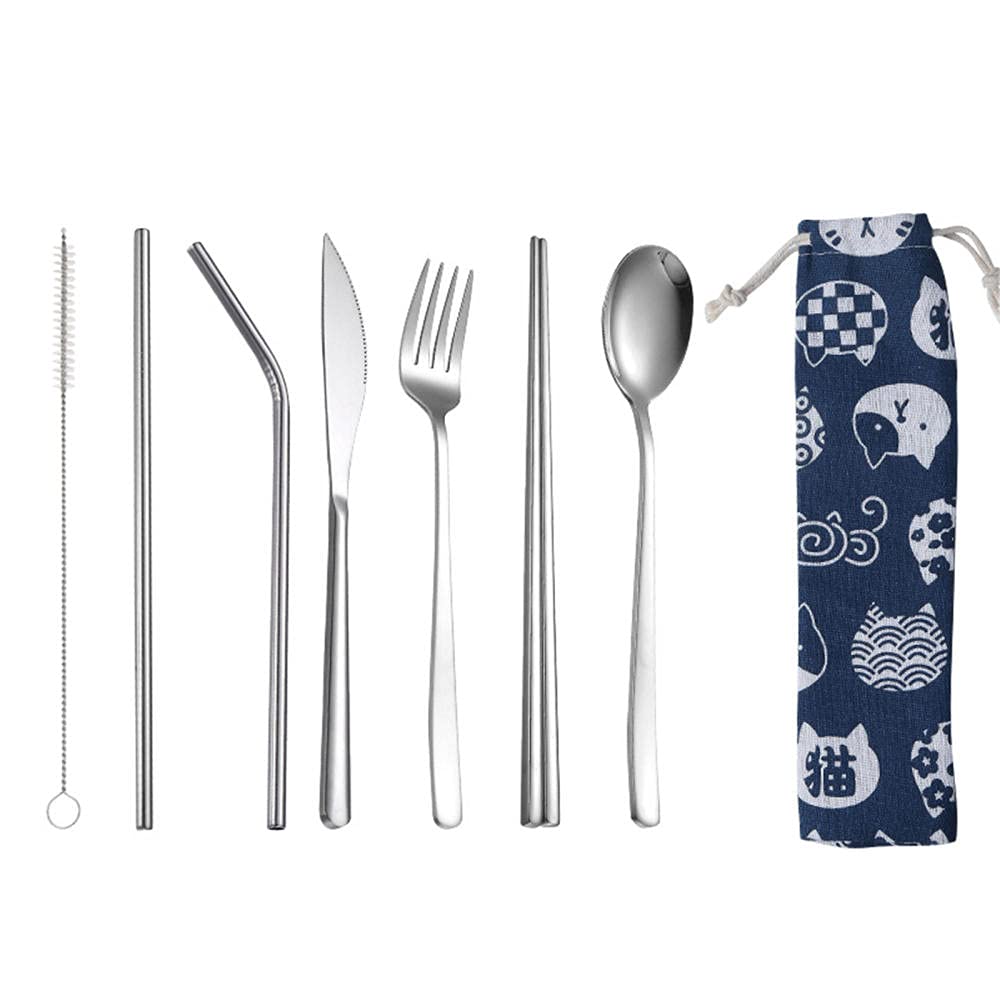 Set di Posate da viaggio da 7 pezzi Kit di posate da campeggio in acciaio inossidabile con forchetta, coltello, cucchiaio, bacchette, cannucce di metallo, spazzola per la pulizia, argento