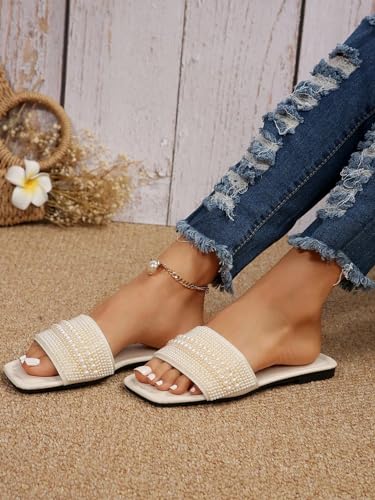 OYOANGLE Women's Pearl Beaded Single Band Square Open Toe Flat Sandals Elegant Casual Leather Slides Slippers4