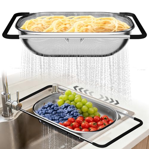 Over the Sink Colander - Strainers and Colanders - Sink Strainer Basket - Expandable Fine Mesh Strainer with Rubber Grip for Veggie, Fruits, Pasta, Home Kitchen Essentials (9.5W x 13.4-21.3L x 3.3H)