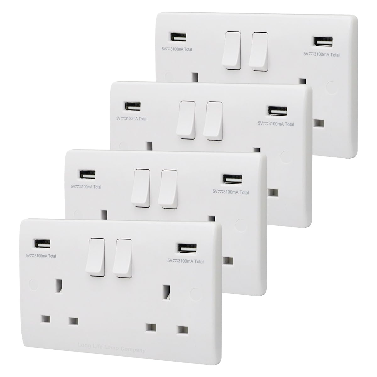 2 Gang 13amp Double Switched Socket UK Plug USB Charging Wall Outlet Pack of 4 USBW2-HE