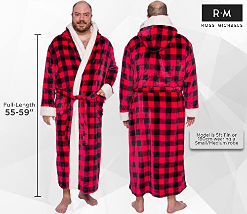 Ross Michaels Mens Robe Big & Tall Sherpa Lined Buffalo Plaid - Long Plush Fleece Hooded Bathrobe (Red/Black, Large/X-Large)3