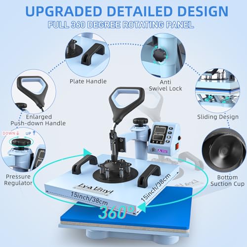 15“x15 Heat Press Machine - Lya Vinyl 7 in 1 Heat Press 360-Degree Swing Away Digital Press Machine Multifunction Sublimation Combo Heat Transfer Machine for T-Shirts, Hats, Caps, Mugs and Plates