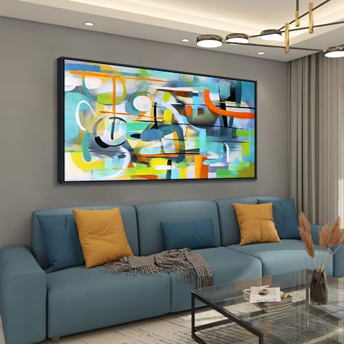 Image of Mofutinpo Abstract Wall Art Framed Pictures for Living Room Wall art - Large Modern Abstract Canvas Wall Decoration-Colorful Wall Art-Teal And Blue Line Art - Graffiti Paintings for Bedroom 29x58IN