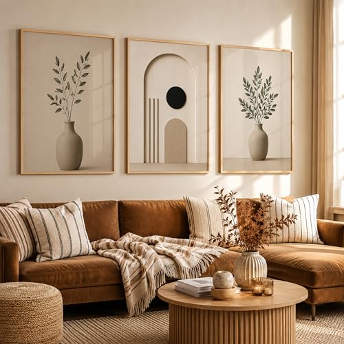 Image of TheMakerly Set of 3 Japandi Botanical Wall Art Paintings for Living Room | Minimalist Neutral Beige Wall Decor | Modern Scandinavian Wall Paintings for Bedroom, Office, Hall & Home Decoration (10x13 Inches)