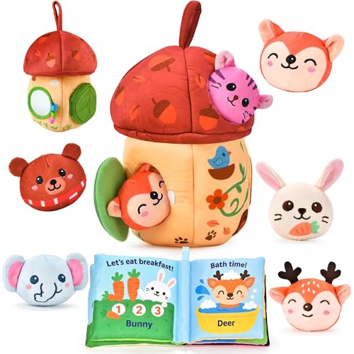 Montessori Toys for 1 Year Old & 6–12 Months Babies, Sensory Developmental Playset with Acorn House, Plush Animals & Cloth Book, Valentines Day Gifts, Easter Basket Stuffers