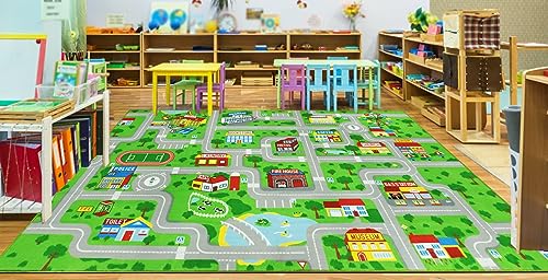 Image of Capslpad Green Car Road Kid Rug Carpet Playmat for Playoom Traffic Road Kids Play Mat for Toddler Non Slip Washable City Map Race Track Carpet Rug for Kids Room Playroom Classroom Decor,6.6'x9.8'