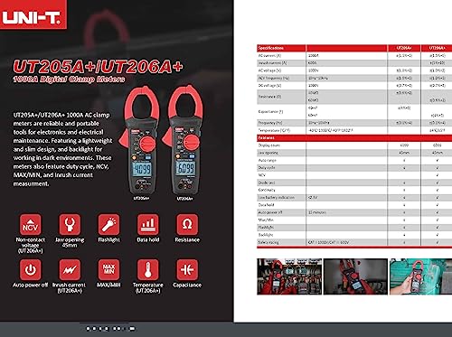 UNI-T UT205A+ UT206A+ Pinza Amperimétrica Medidor de corriente Pinza Amperímetro Medidor Profesional Integrado Eléctrico 1000V Voltímetro Frecuencia UT206A+ miniatura 5
