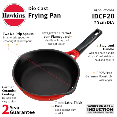 Image of Hawkins 20 cm Frying Pan, Die Cast Ceramic Coated Non Stick Induction Small Fry Pan, Red (IDCF20)