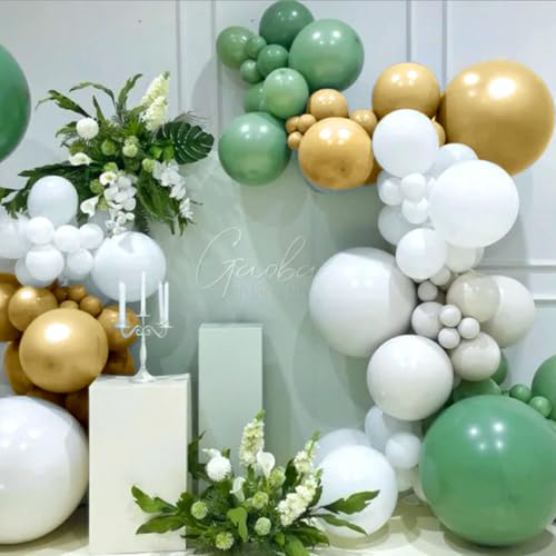 Image of MEBAY Green White Gold Balloon Arch Kit, 146Pcs Avocado Green Metallic Chrome Gold Confetti and White Latex Balloons for Wedding Birthday Baby Shower Decoration