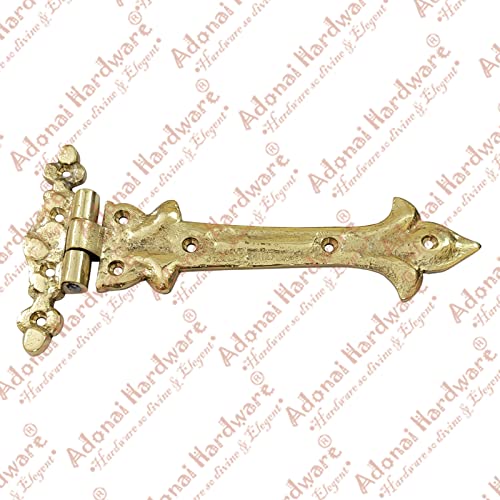 Image of Adonai Hardware Adonijah Brass Strap T Hinge (7.9 inch x 2 Pack, Polish Lacquered) for Barn Doors, Gates, Kitchen Cabinets, Sheds, Wooden Box, Furniture, Cedar Chest and Trunks