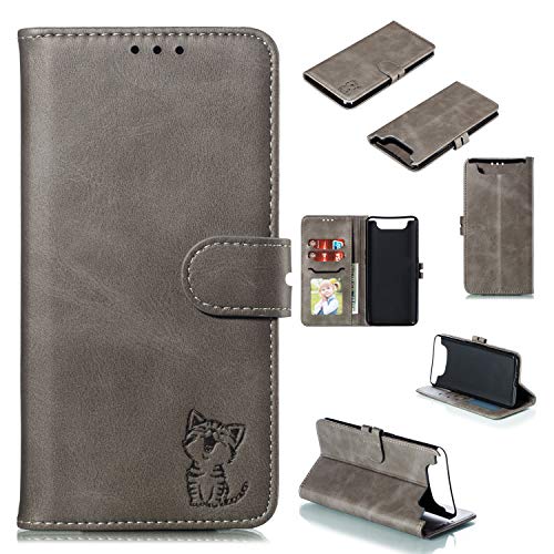 Robinsoni Case Compatible with Samsung Galaxy A90 Retro Leather Wallet Cover with Card Holder Slots Cat Printed Folio Flip Book Cover Case TPU Silicone Inner Case Kickstand Magnetic Closure Case, Gray